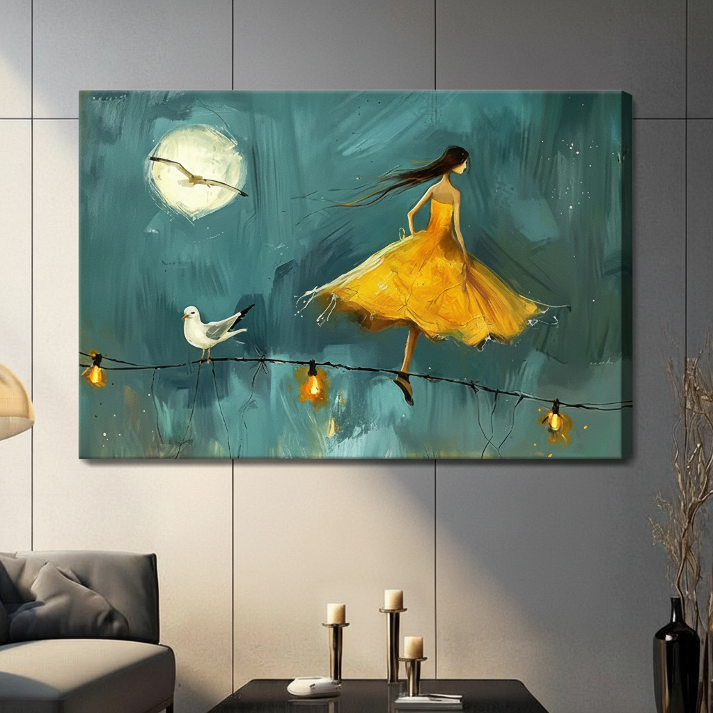 Moonlit Girl Seagull Dreamy Oil Painting Canvas