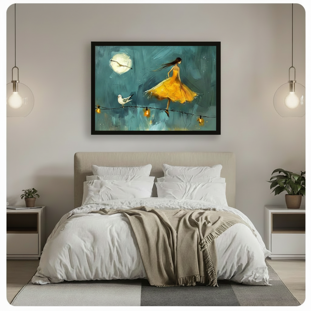 Moonlit Girl Seagull Dreamy Oil Painting Canvas