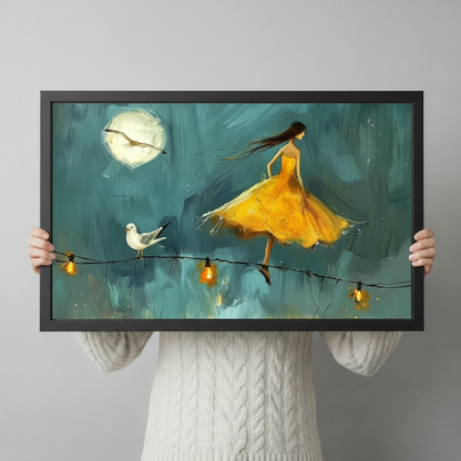 Moonlit Girl Seagull Dreamy Oil Painting Canvas