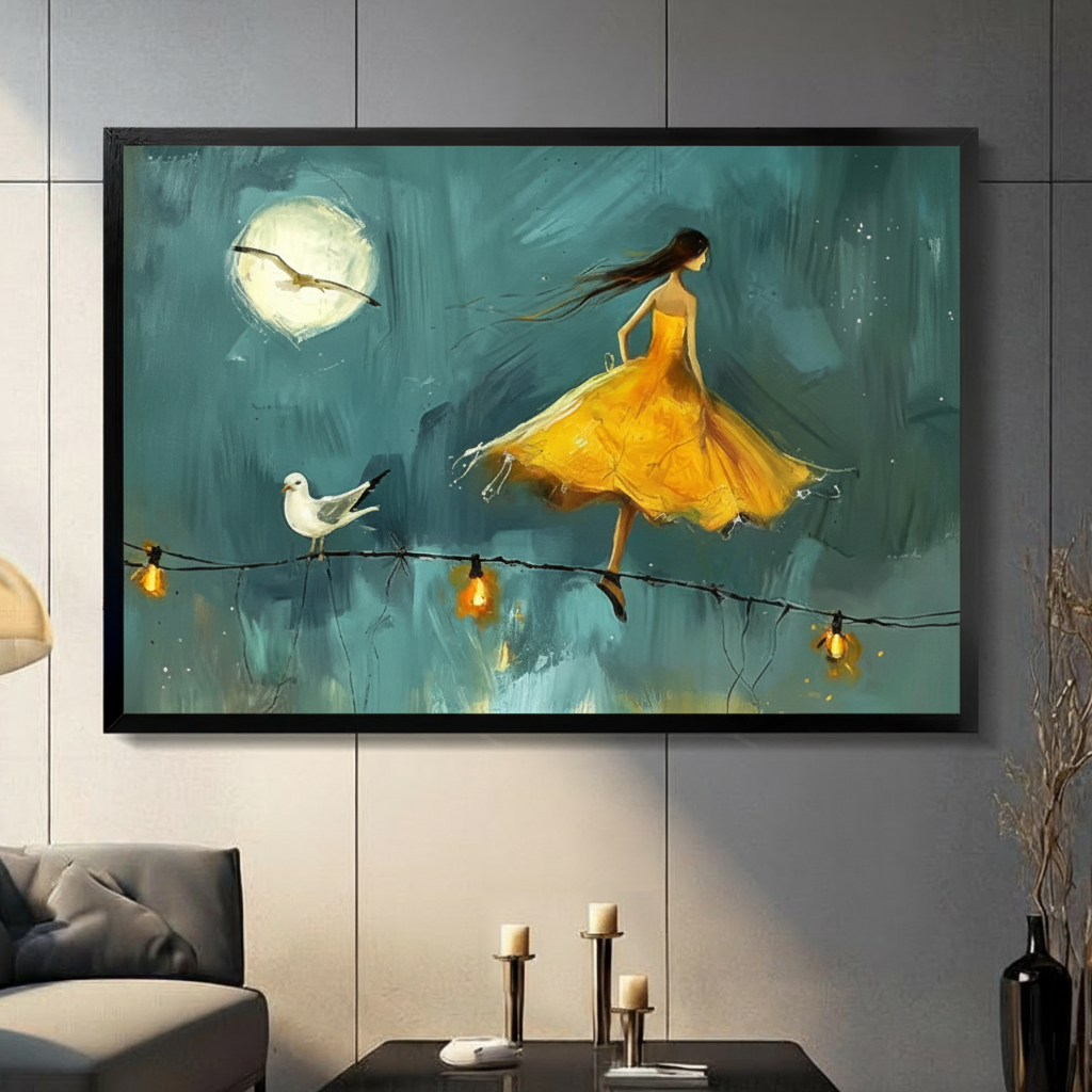 Moonlit Girl Seagull Dreamy Oil Painting Canvas