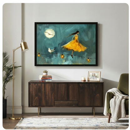 Moonlit Girl Seagull Dreamy Oil Painting Canvas