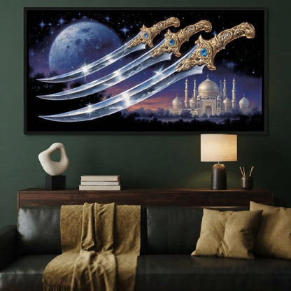 Moonlit Blades Over Golden Palace Canvas Wall Art