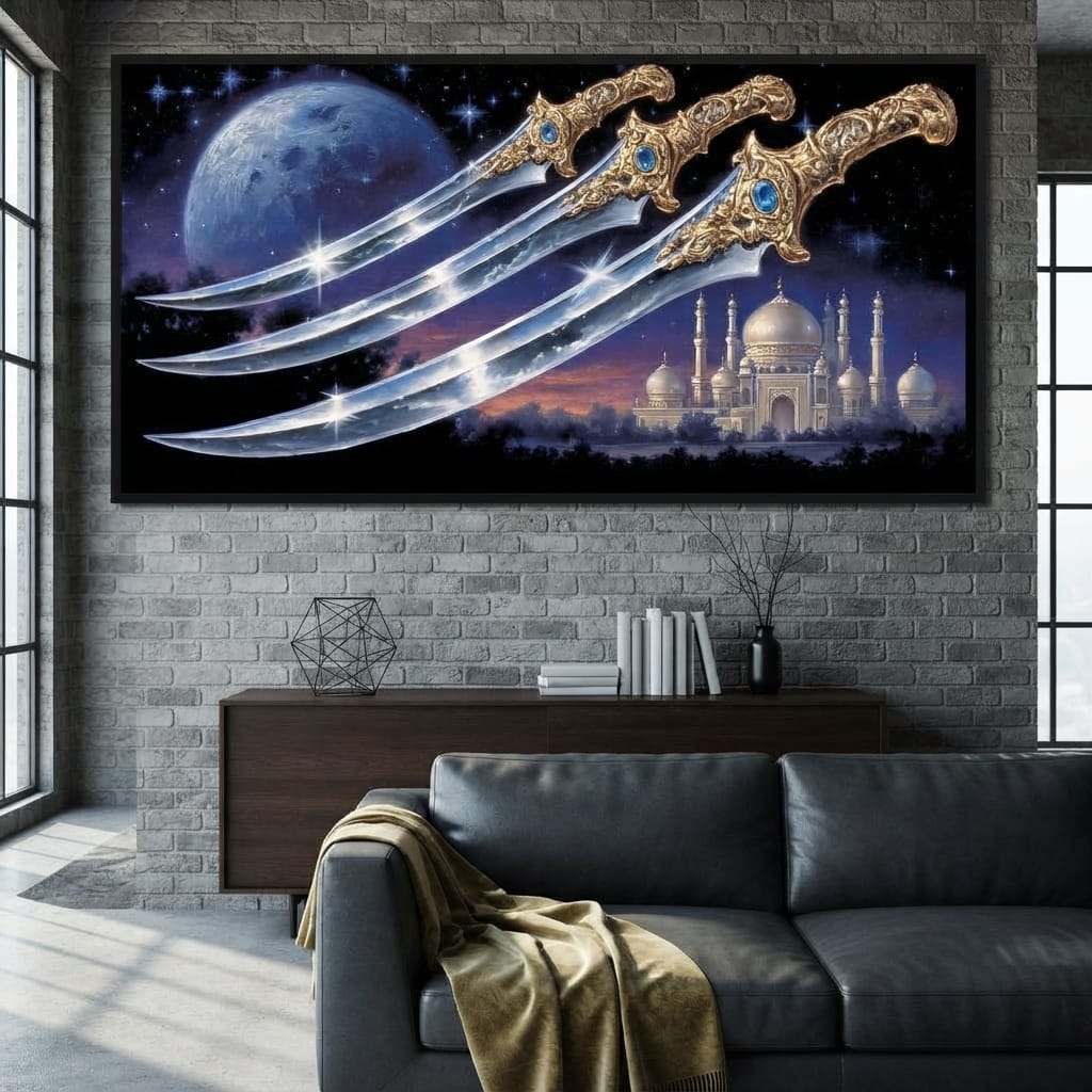 Moonlit Blades Over Golden Palace Canvas Wall Art