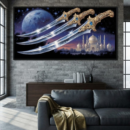 Moonlit Blades Over Golden Palace Canvas Wall Art