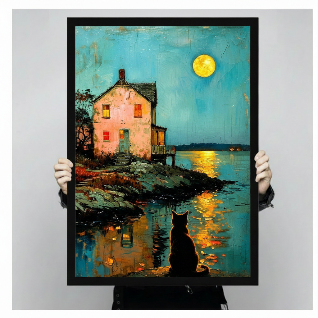 Moonlit Black Cat Lakeside Cottage Canvas Art