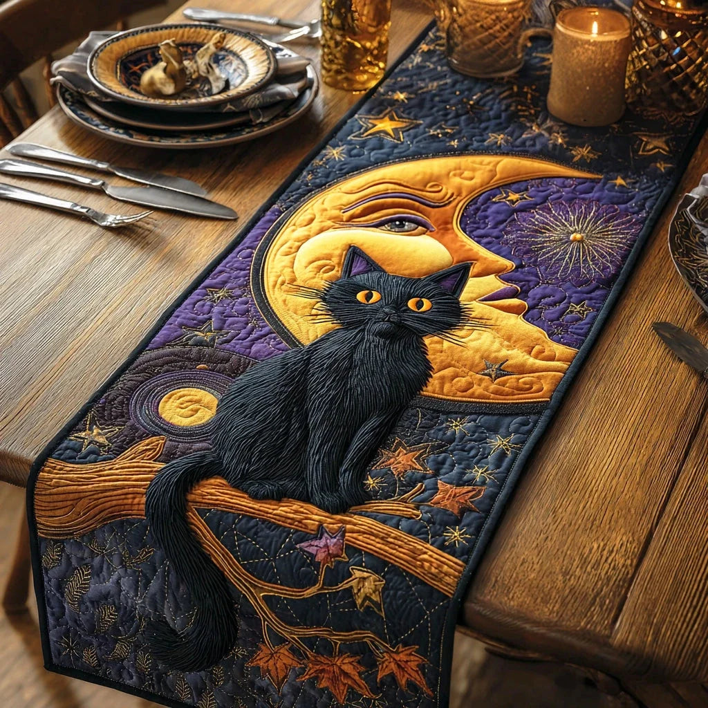 Moonlit Cat Dream Quilted Table Runner