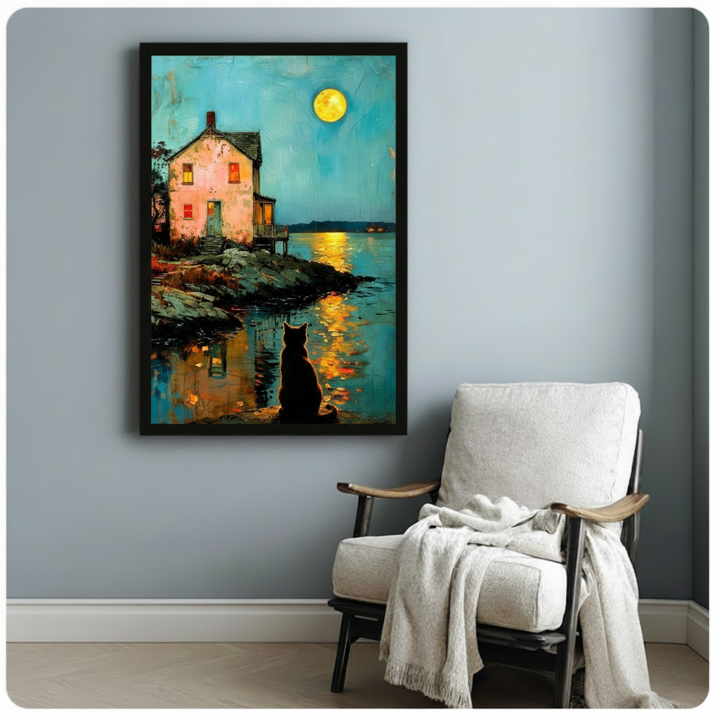 Moonlit Black Cat Lakeside Cottage Canvas Art