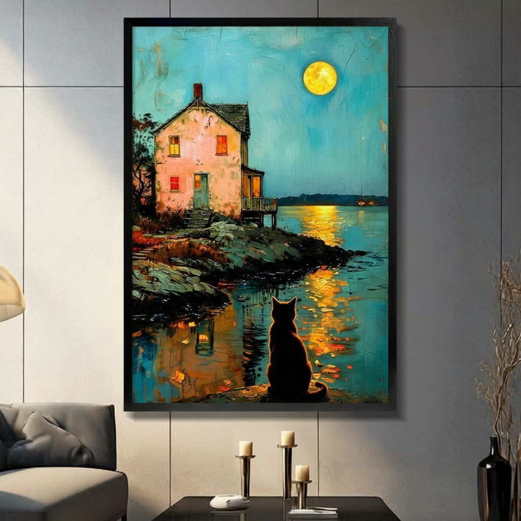 Moonlit Black Cat Lakeside Cottage Canvas Art