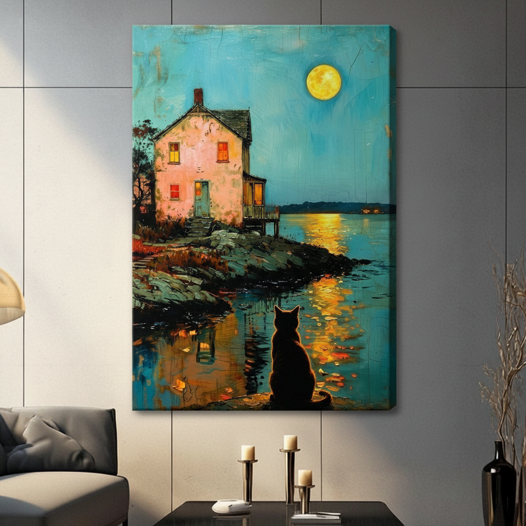 Moonlit Black Cat Lakeside Cottage Canvas Art