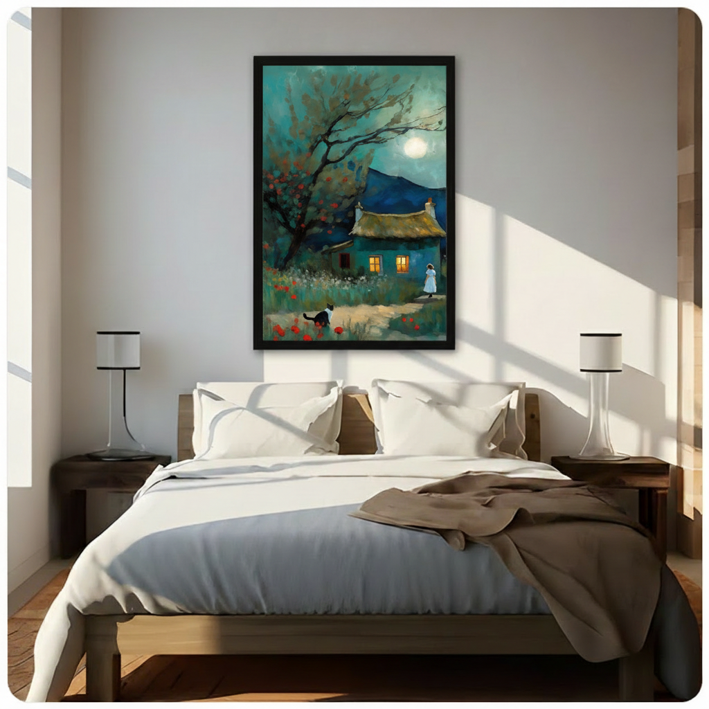 Moonlit Cottage Woman Cat Impressionist Canvas Print