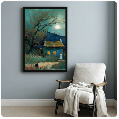 Moonlit Cottage Woman Cat Impressionist Canvas Print
