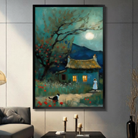 Moonlit Cottage Woman Cat Impressionist Canvas Print