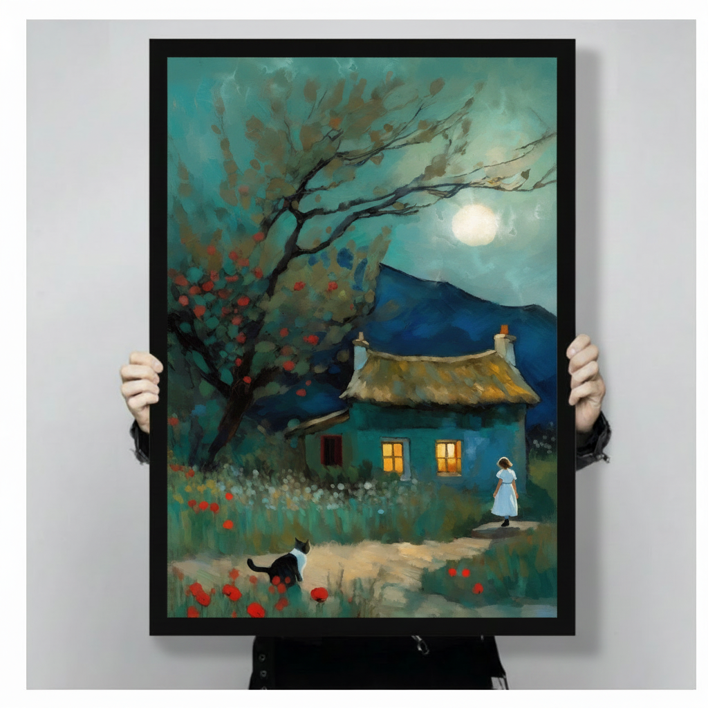 Moonlit Cottage Woman Cat Impressionist Canvas Print