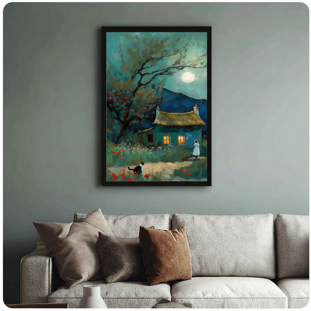 Moonlit Cottage Woman Cat Impressionist Canvas Print