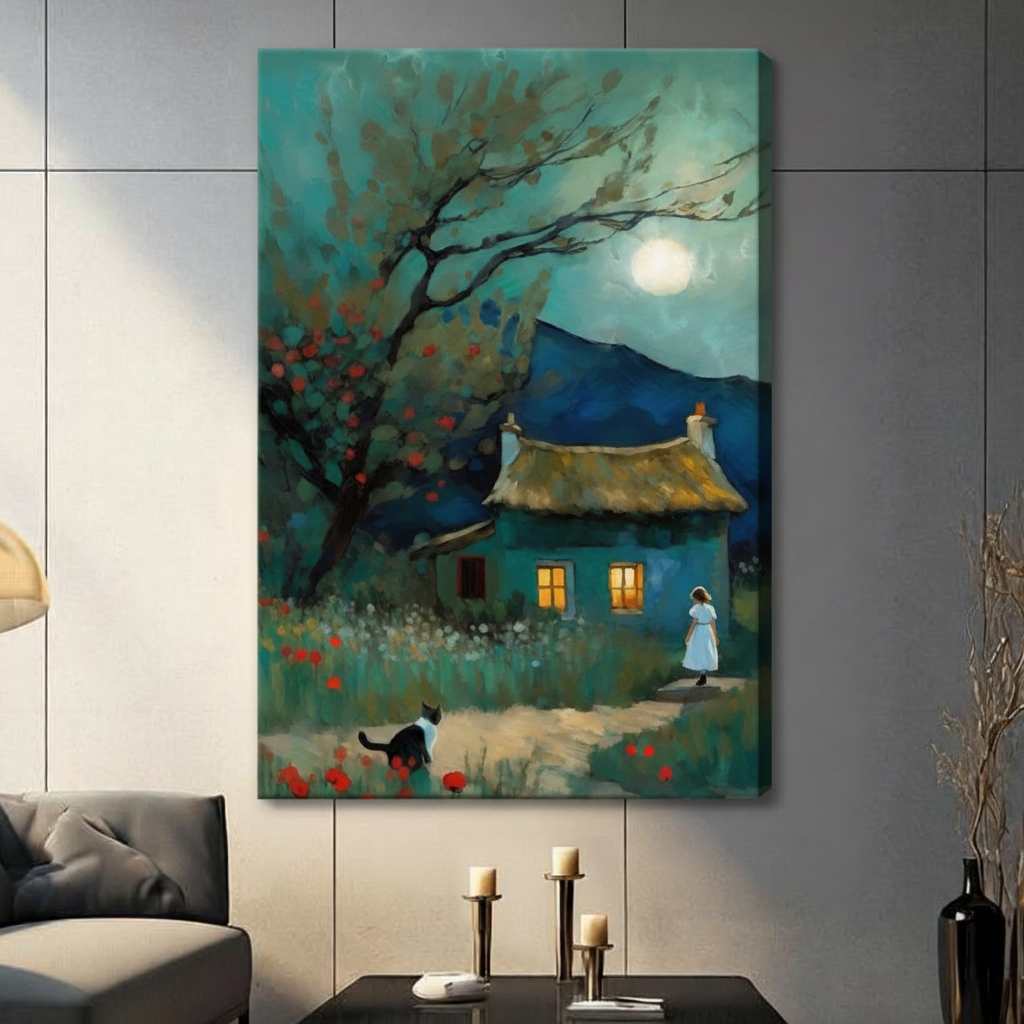 Moonlit Cottage Woman Cat Impressionist Canvas Print