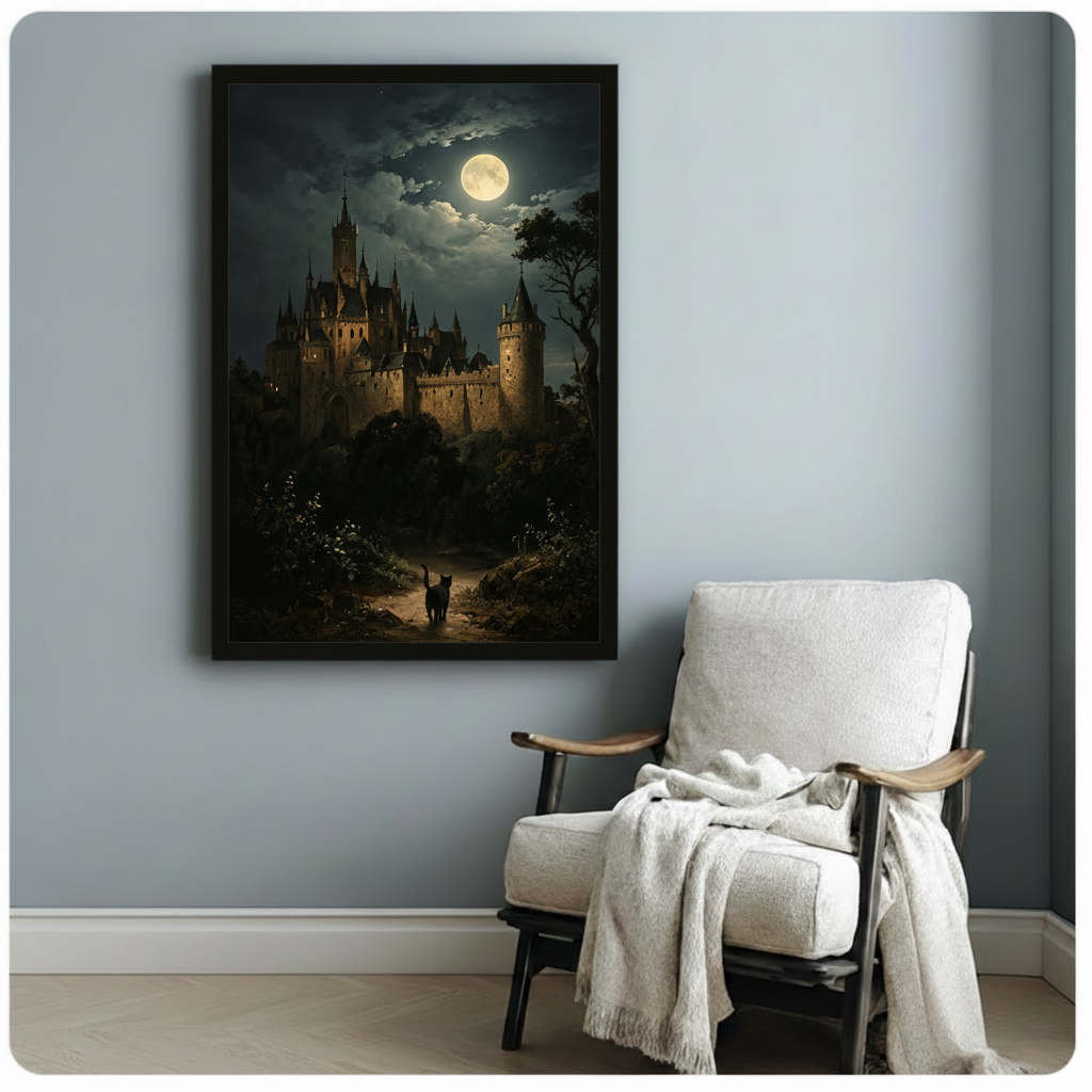 Gothic Castle Moonlit Night Black Cat Canvas Art