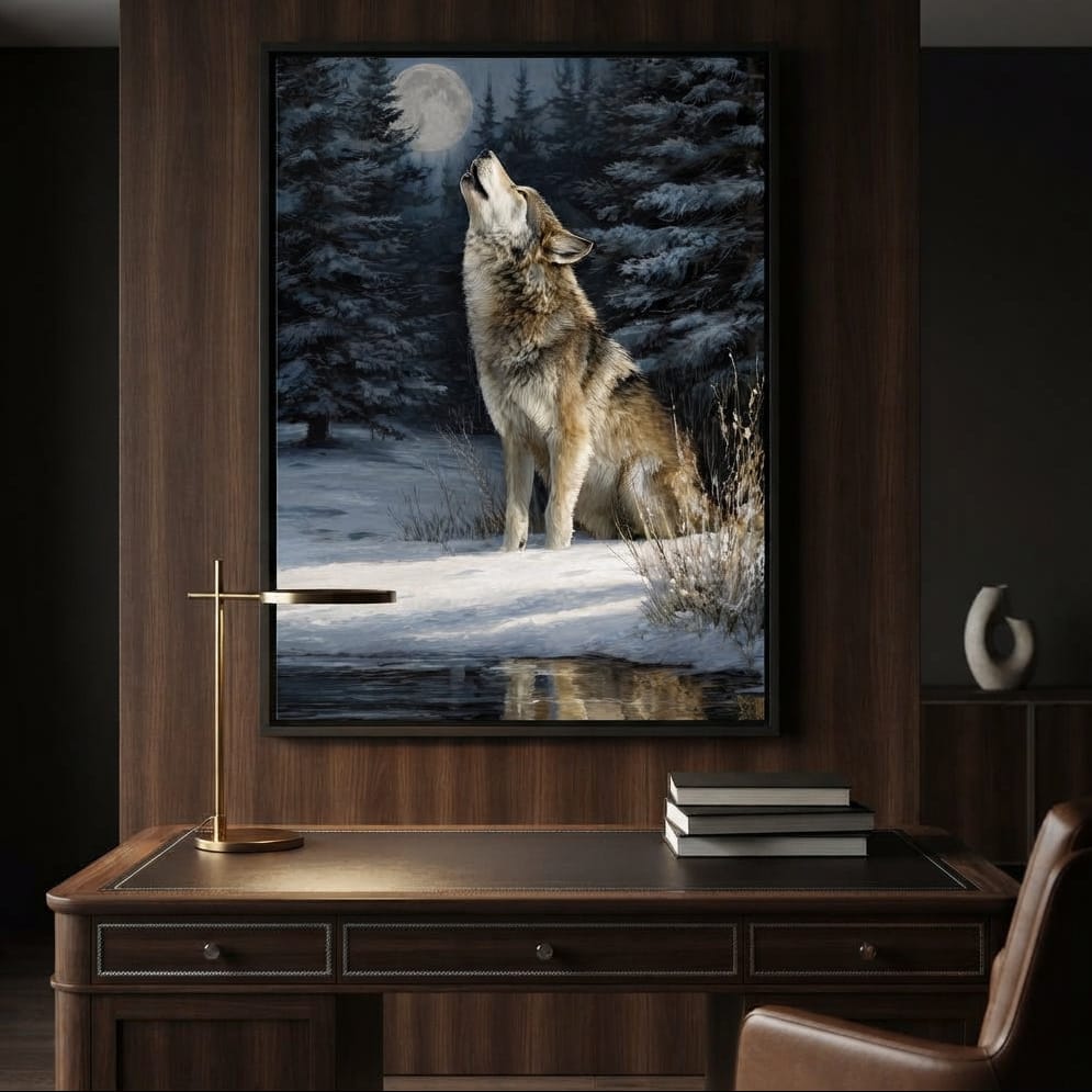 Moonlit Wolf Winter Howl Night Canvas Wall Art