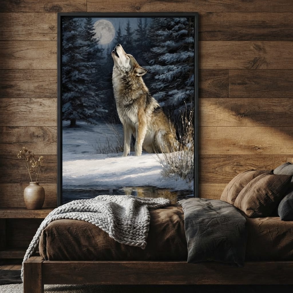Moonlit Wolf Winter Howl Night Canvas Wall Art