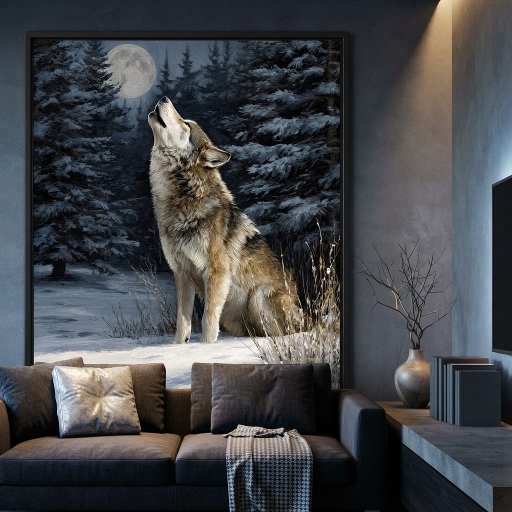 Moonlit Wolf Winter Howl Night Canvas Wall Art