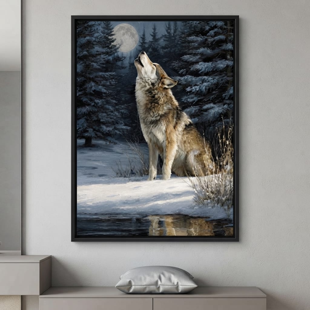 Moonlit Wolf Winter Howl Night Canvas Wall Art