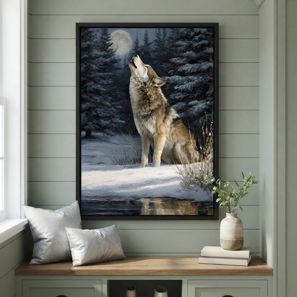 Moonlit Wolf Winter Howl Night Canvas Wall Art