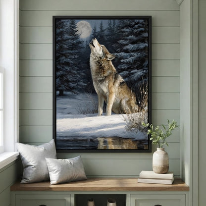Moonlit Wolf Winter Howl Night Canvas Wall Art