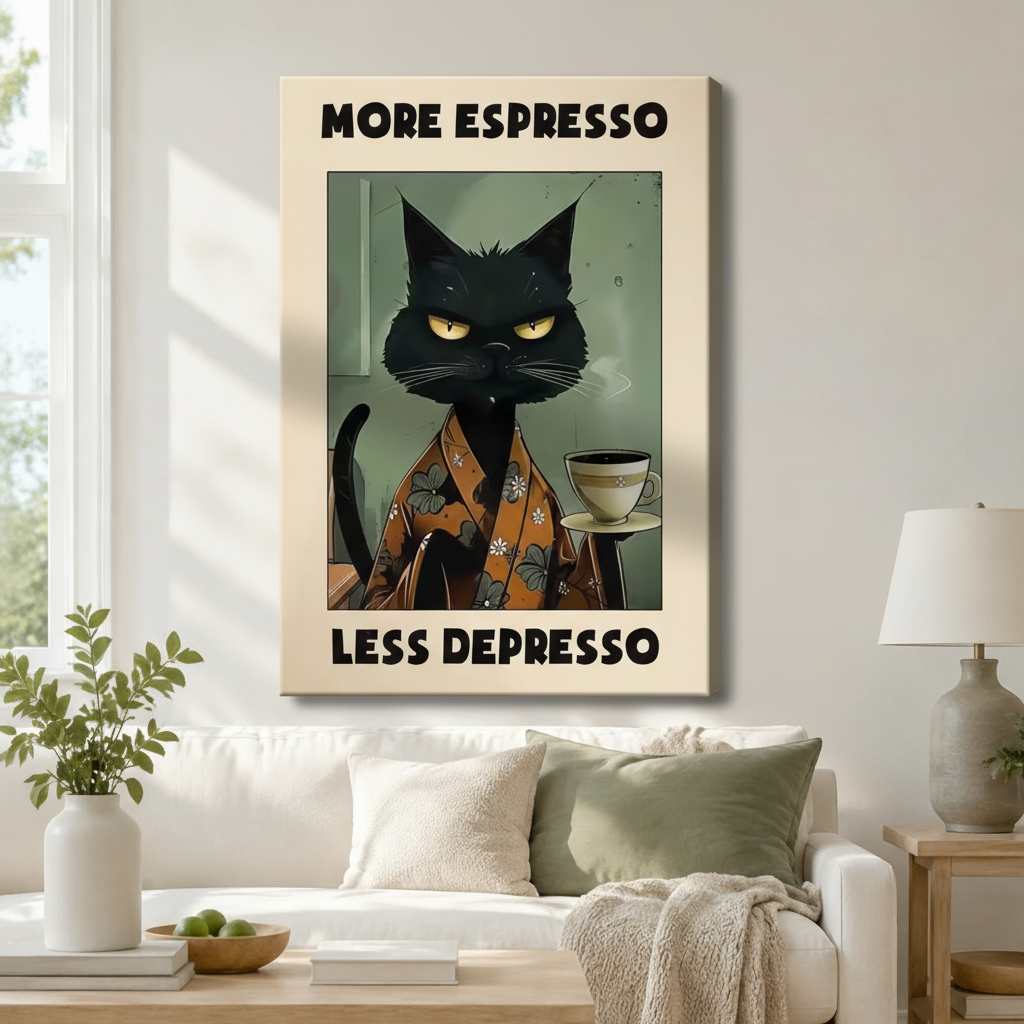 More Espresso Less Depresso Black Cat Canvas Art
