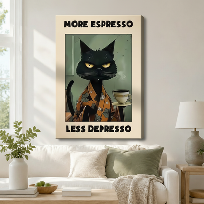 More Espresso Less Depresso Black Cat Canvas Art