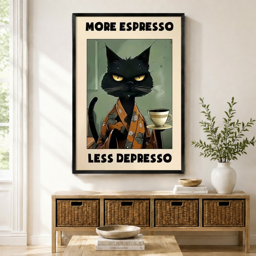 More Espresso Less Depresso Black Cat Canvas Art