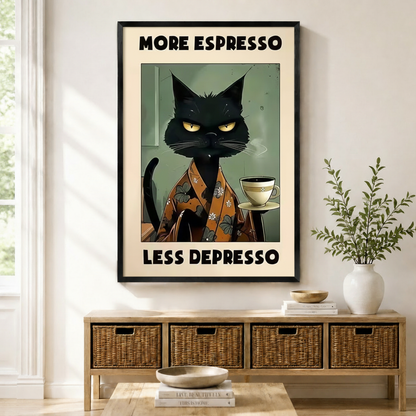 More Espresso Less Depresso Black Cat Canvas Art
