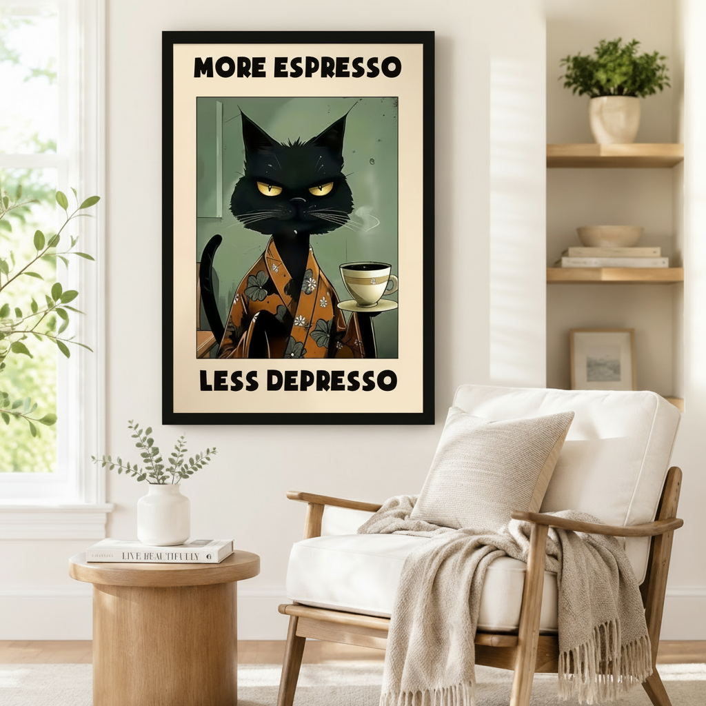 More Espresso Less Depresso Black Cat Canvas Art