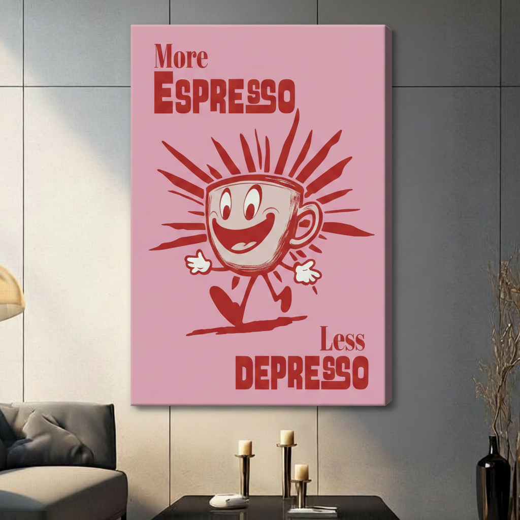 Retro Espresso Cartoon Pink Canvas Wall Art
