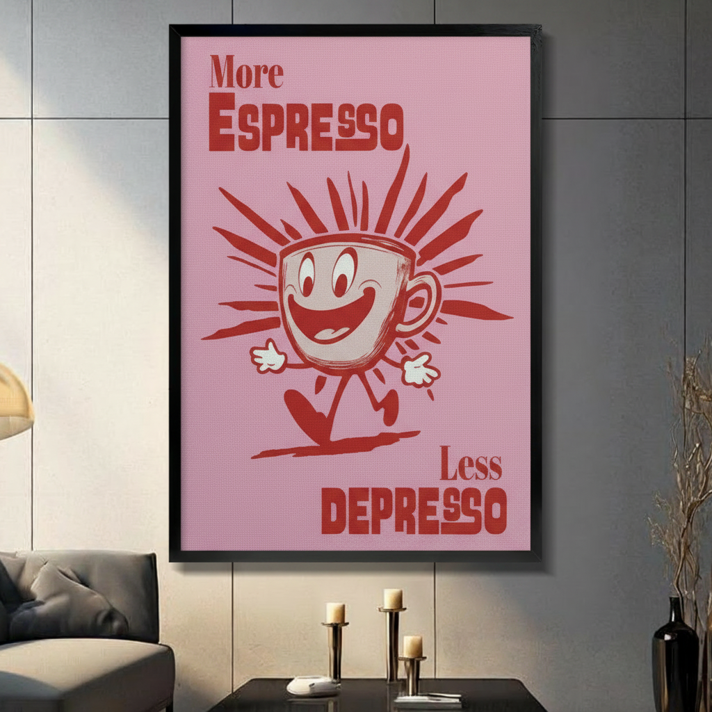 Retro Espresso Cartoon Pink Canvas Wall Art