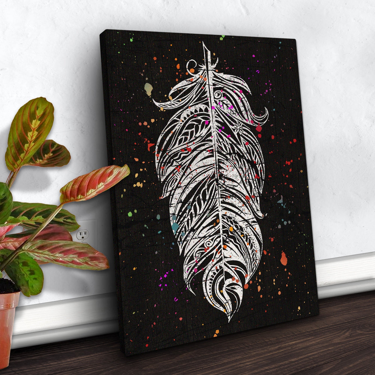 Decor Elements Feather White Boho Canvas Wall Art