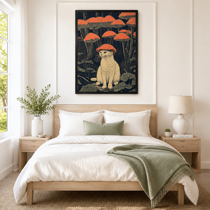 Mushroom Forest Cat Framed Canvas Wall Art