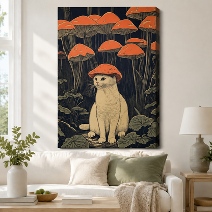 Mushroom Forest Cat Framed Canvas Wall Art