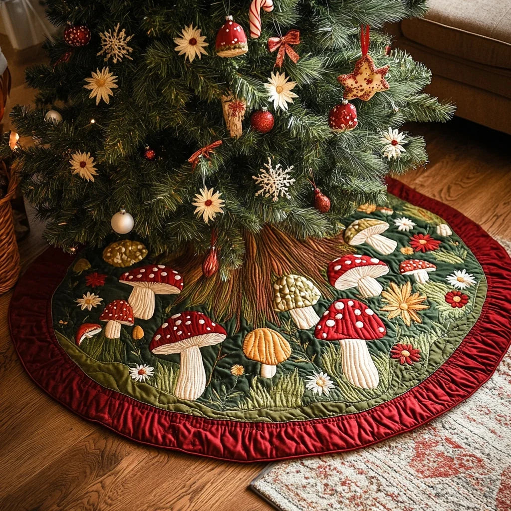 Mushroom Field Christmas Quilted Tree Skirt