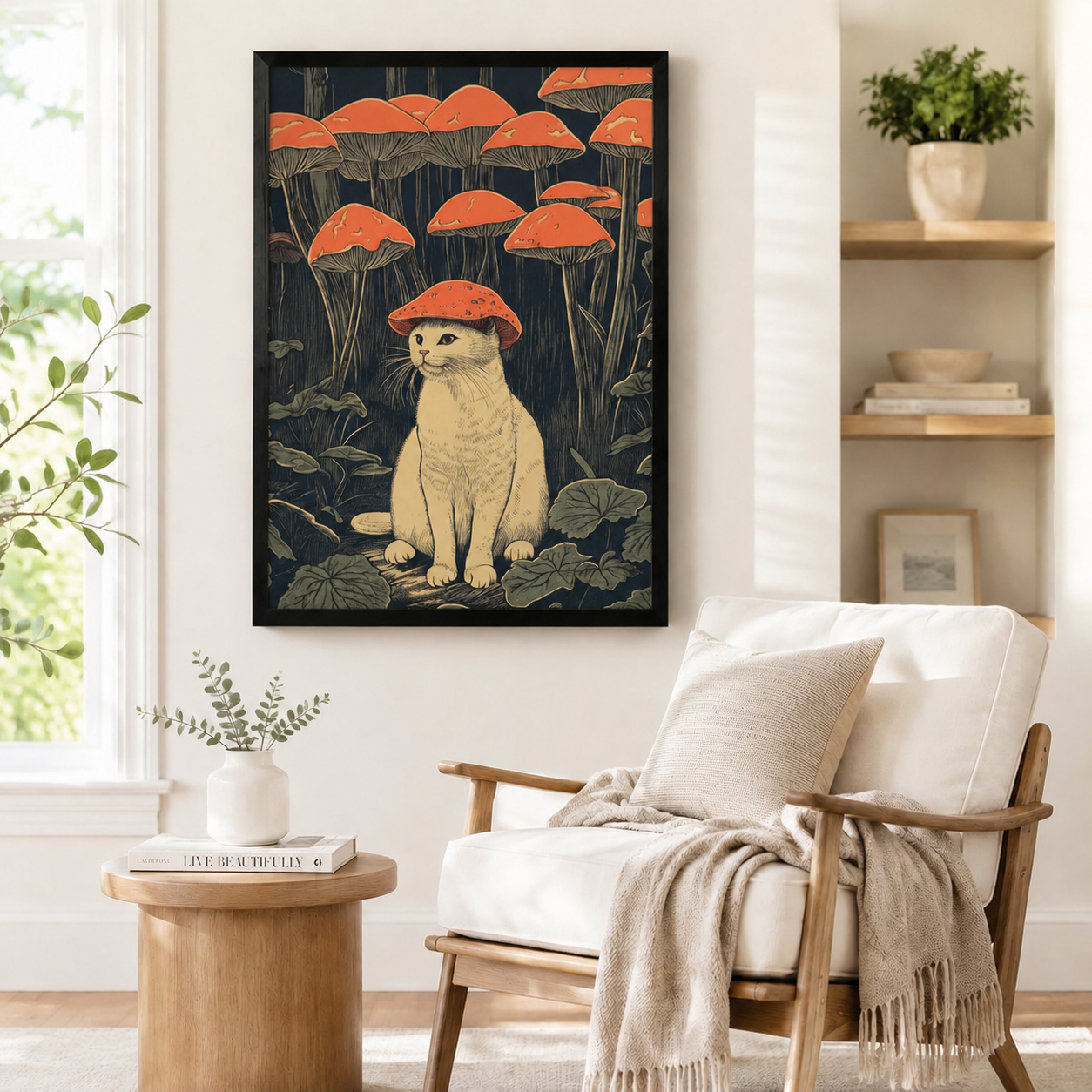 Mushroom Forest Cat Framed Canvas Wall Art