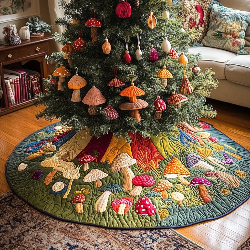 Mushroom Light Christmas Quilted Tree Skirt