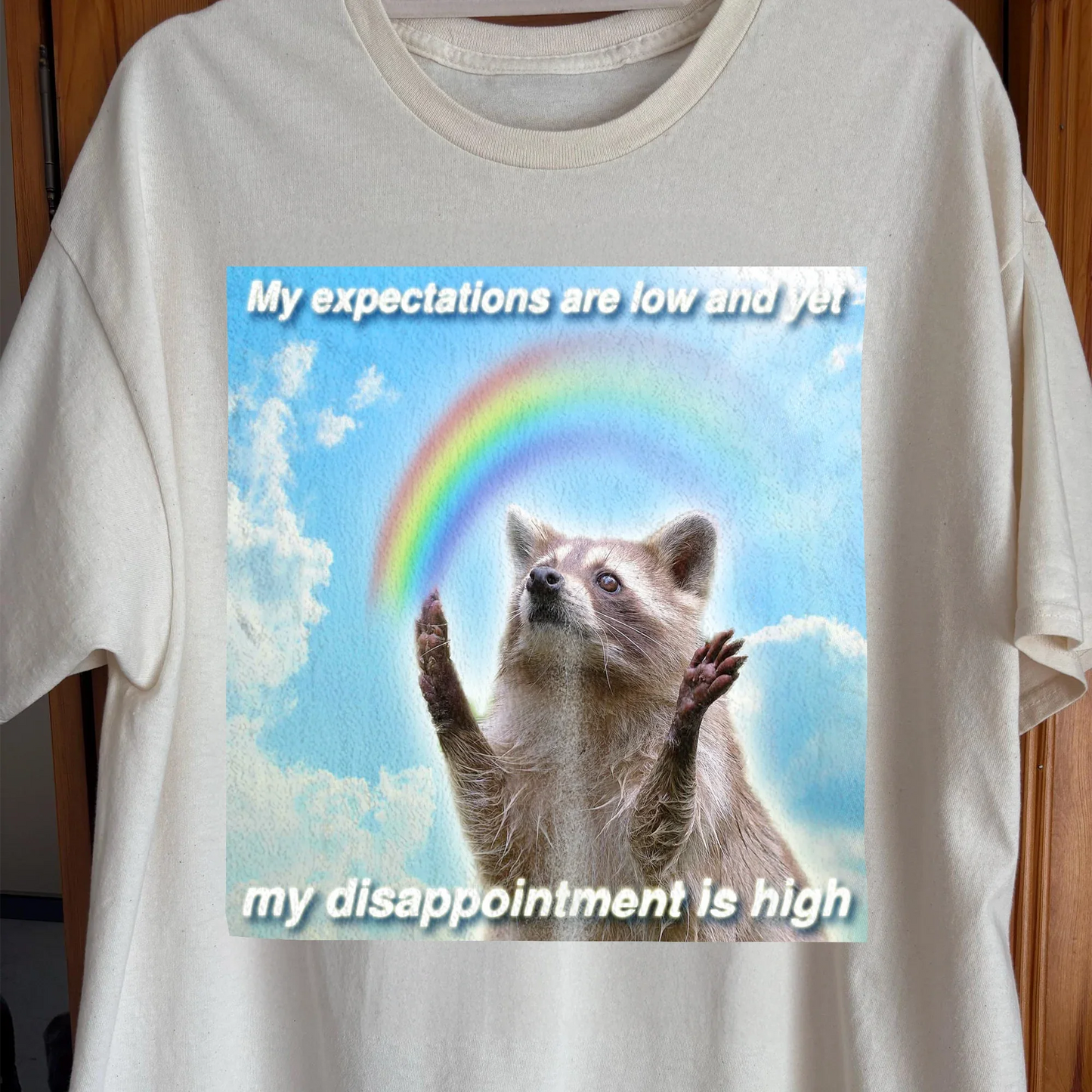 Low Expectations High Disappointment Raccoon T-Shirt, funny meme tee gift (view 2)