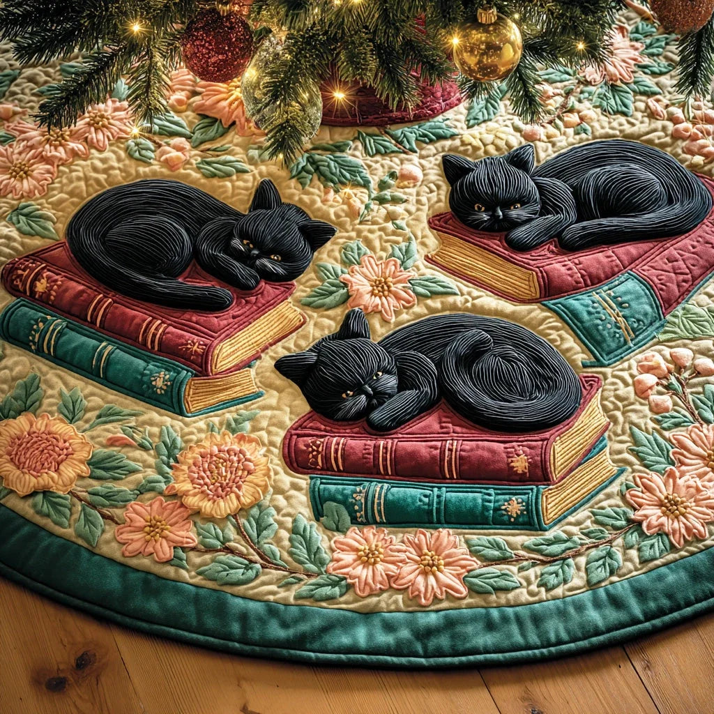Mystic Book Cat Christmas Quilted Tree Skirt