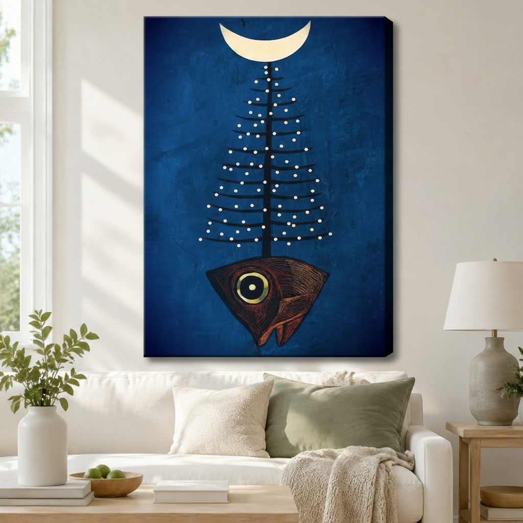Surreal Fish Tree Moon Navy Canvas Wall Art