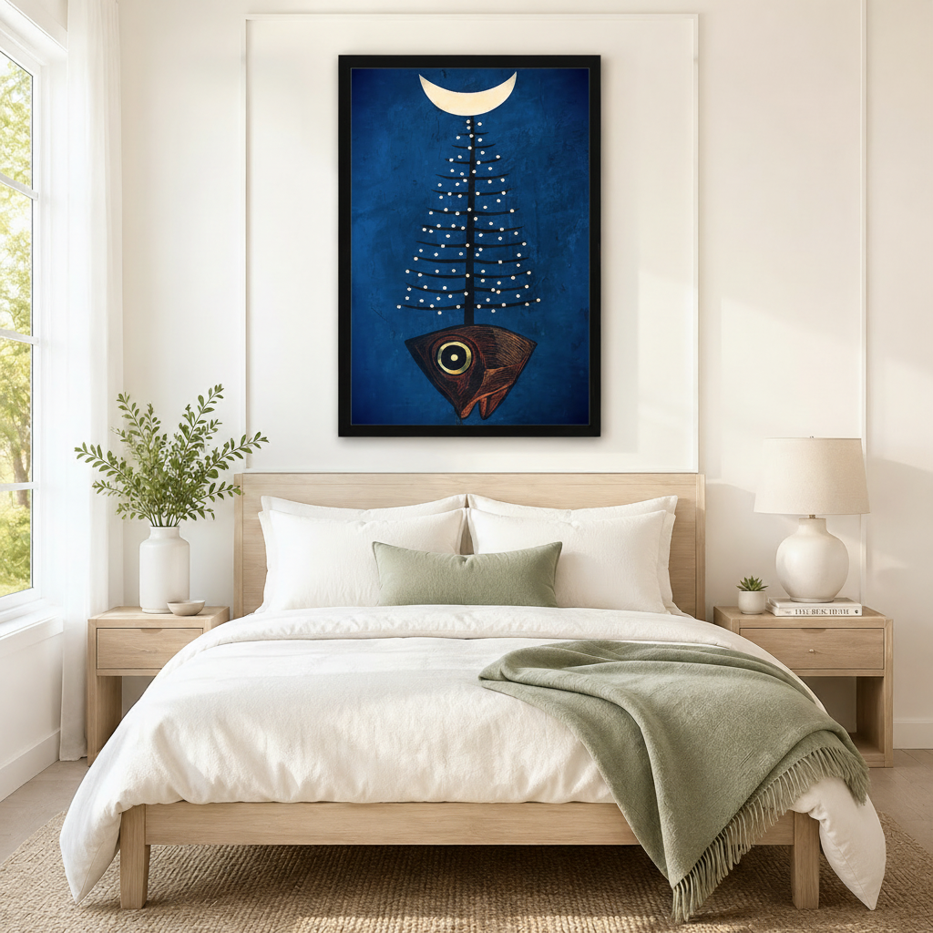 Surreal Fish Tree Moon Navy Canvas Wall Art
