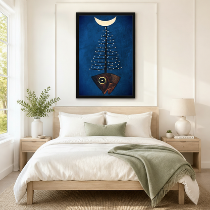 Surreal Fish Tree Moon Navy Canvas Wall Art
