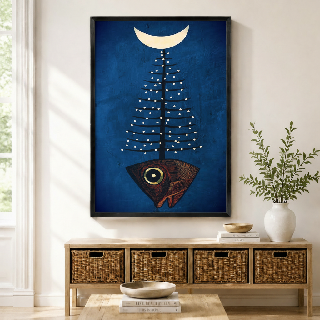 Surreal Fish Tree Moon Navy Canvas Wall Art