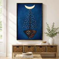Surreal Fish Tree Moon Navy Canvas Wall Art