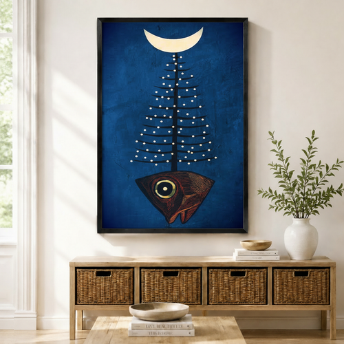 Surreal Fish Tree Moon Navy Canvas Wall Art