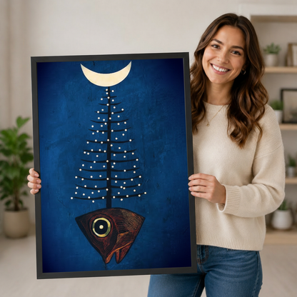 Surreal Fish Tree Moon Navy Canvas Wall Art