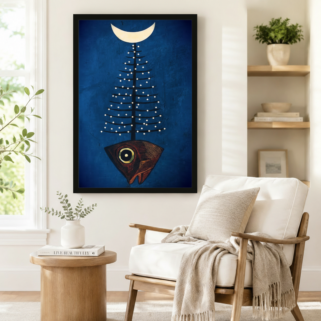 Surreal Fish Tree Moon Navy Canvas Wall Art