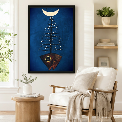 Surreal Fish Tree Moon Navy Canvas Wall Art